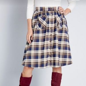 Modcloth encouraging outlook flannel skirt in blue plaid pattern. Sz M